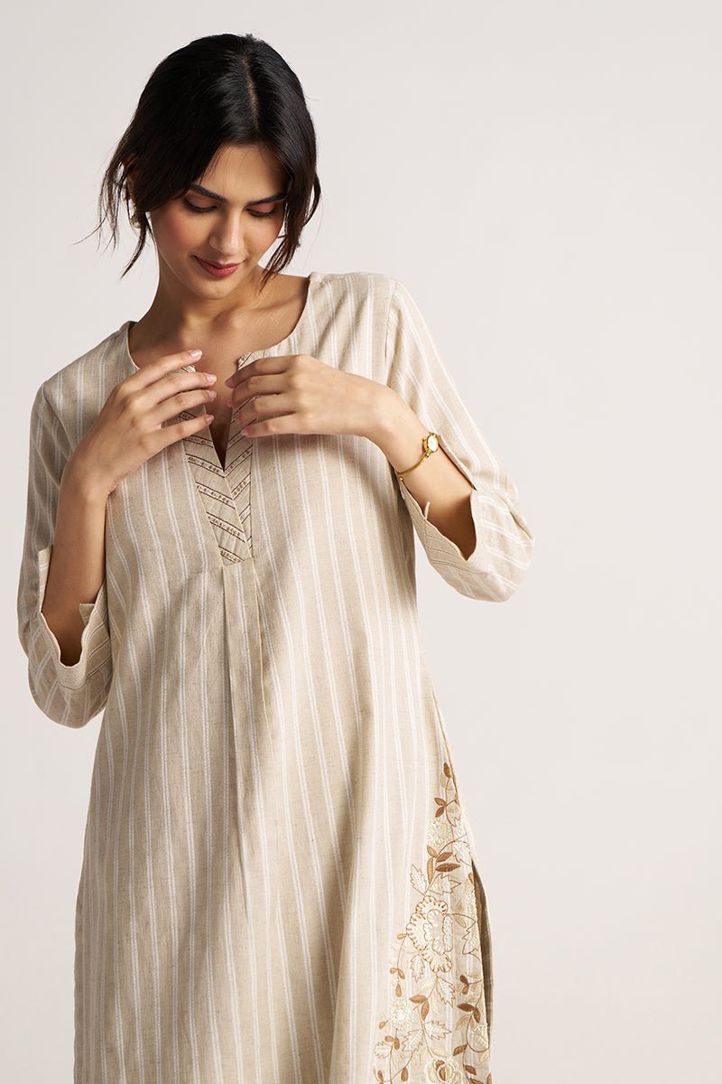 Beige and White Stripe Cotton Linen Co-ord Set