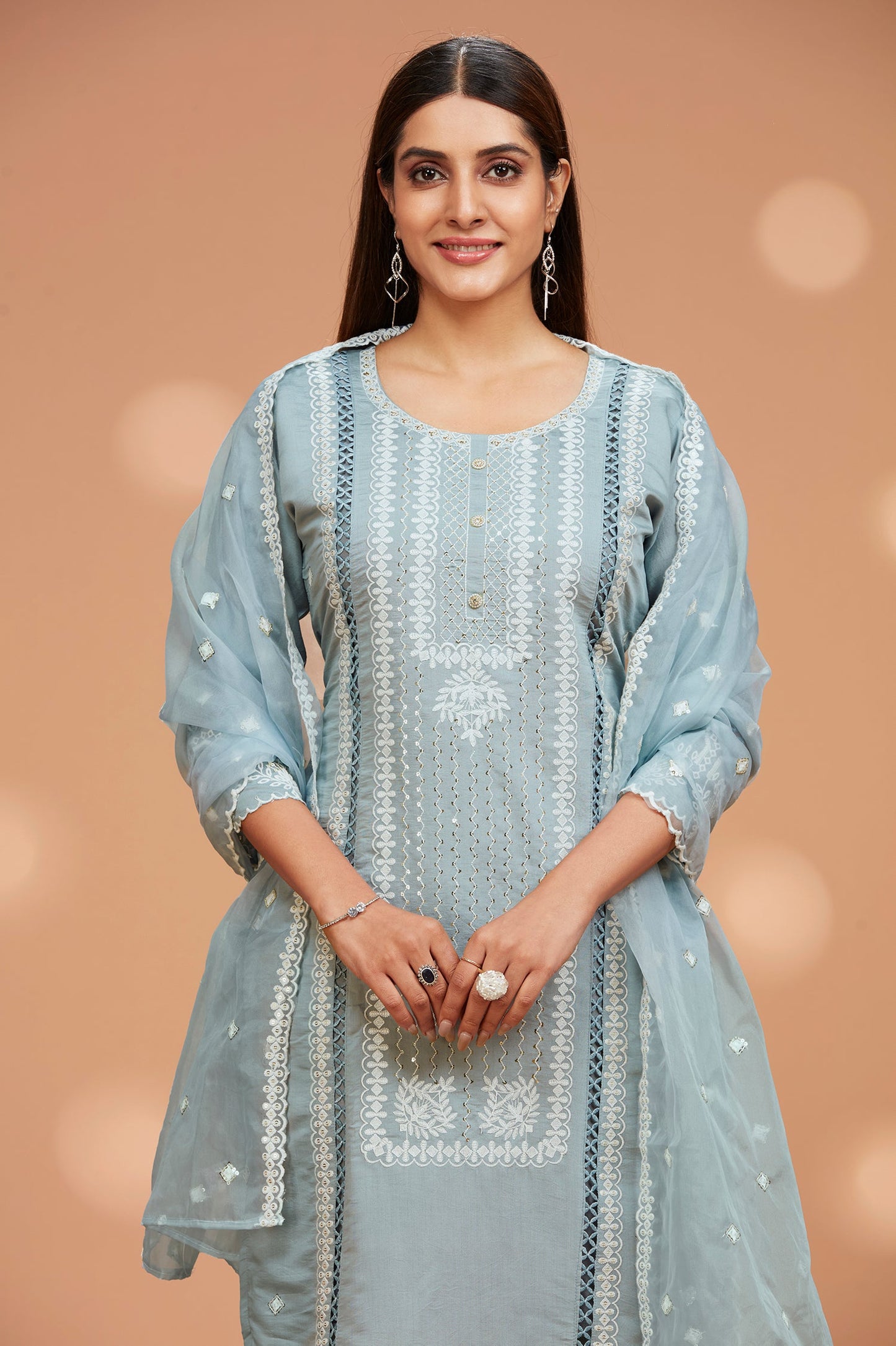 Straight Fit Embroidered Kurta with Pant & Shiffon Duppatta