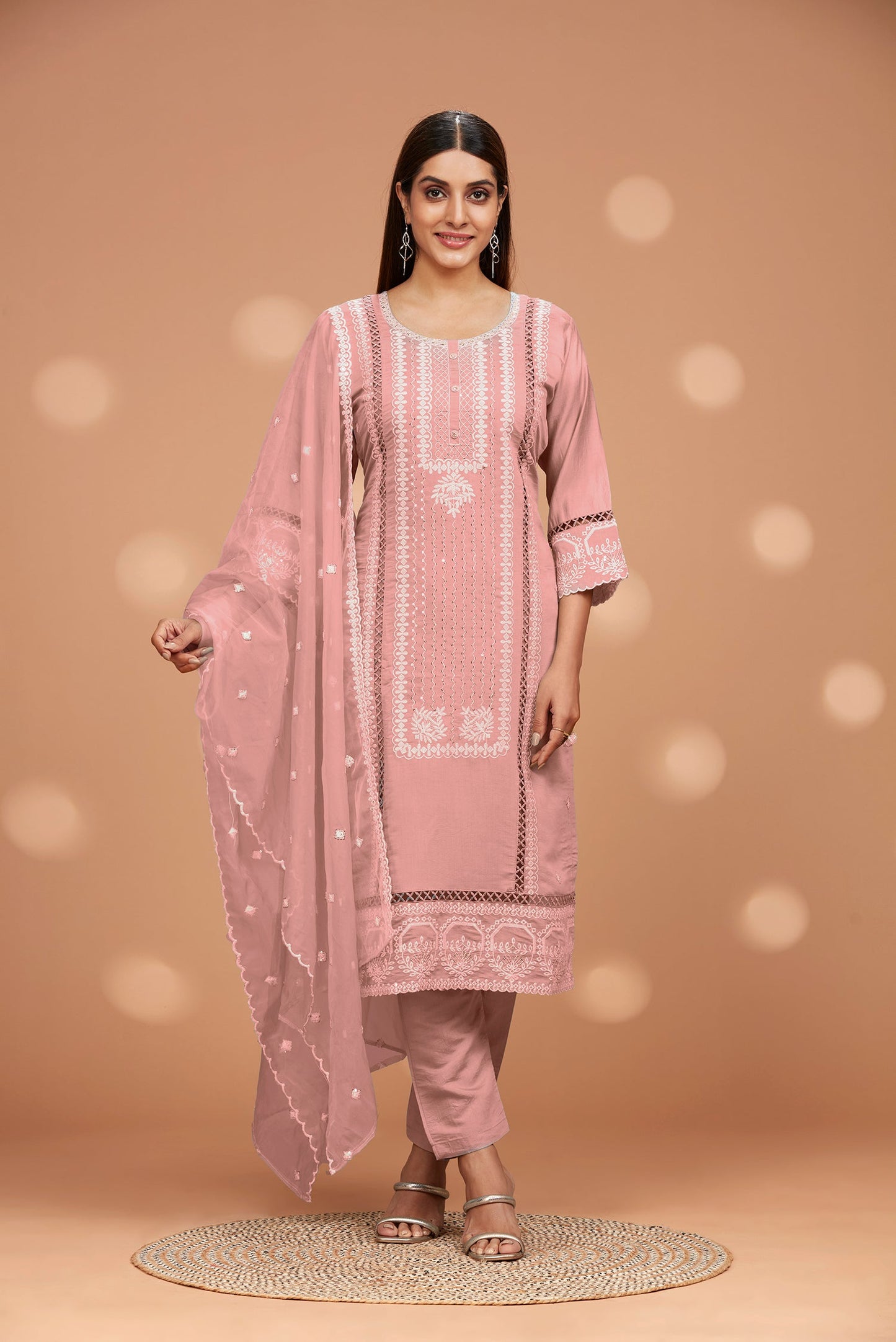 Straight Fit Embroidered Kurta with Pant & Shiffon Duppatta