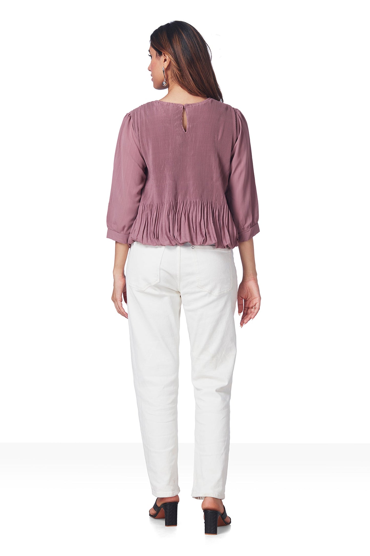 Partywear Round Neck Ribbed 3/4Th Sleeves Top