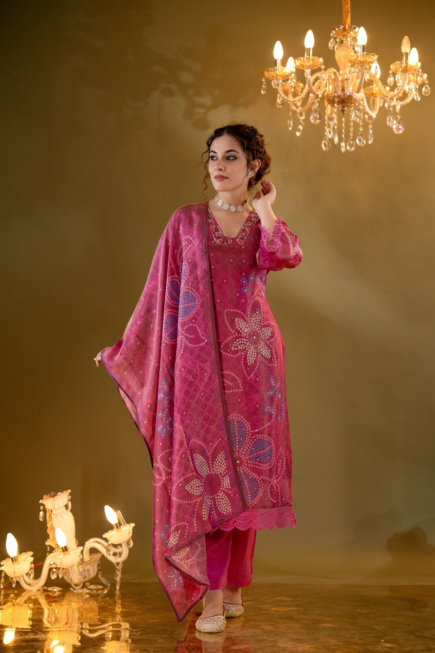 Elegant Red A-Line Kurta Set With Embroidered neck And Floral Bandhani Print