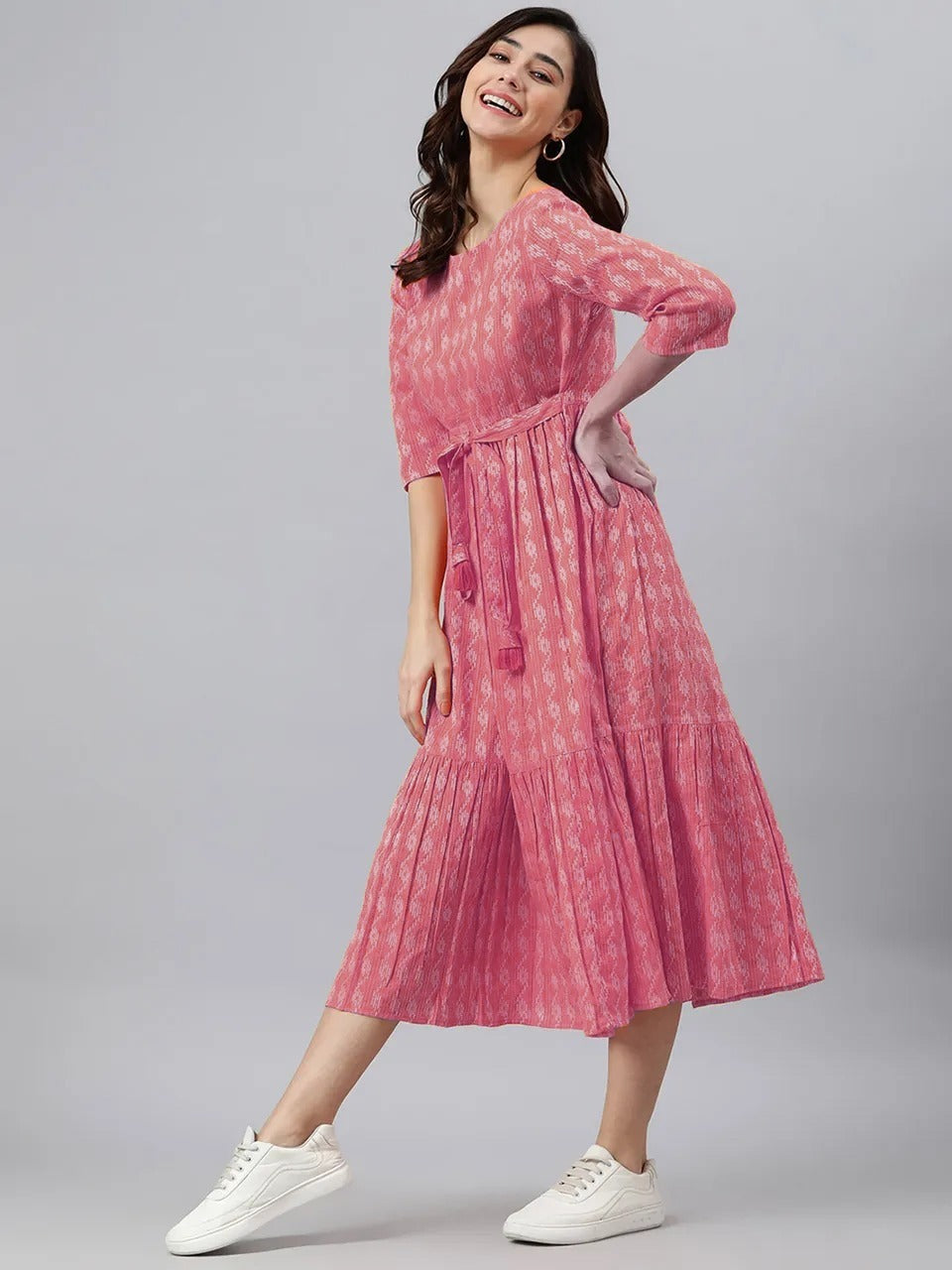 Peach Cotton Printed Dress For Women With Dori Belt