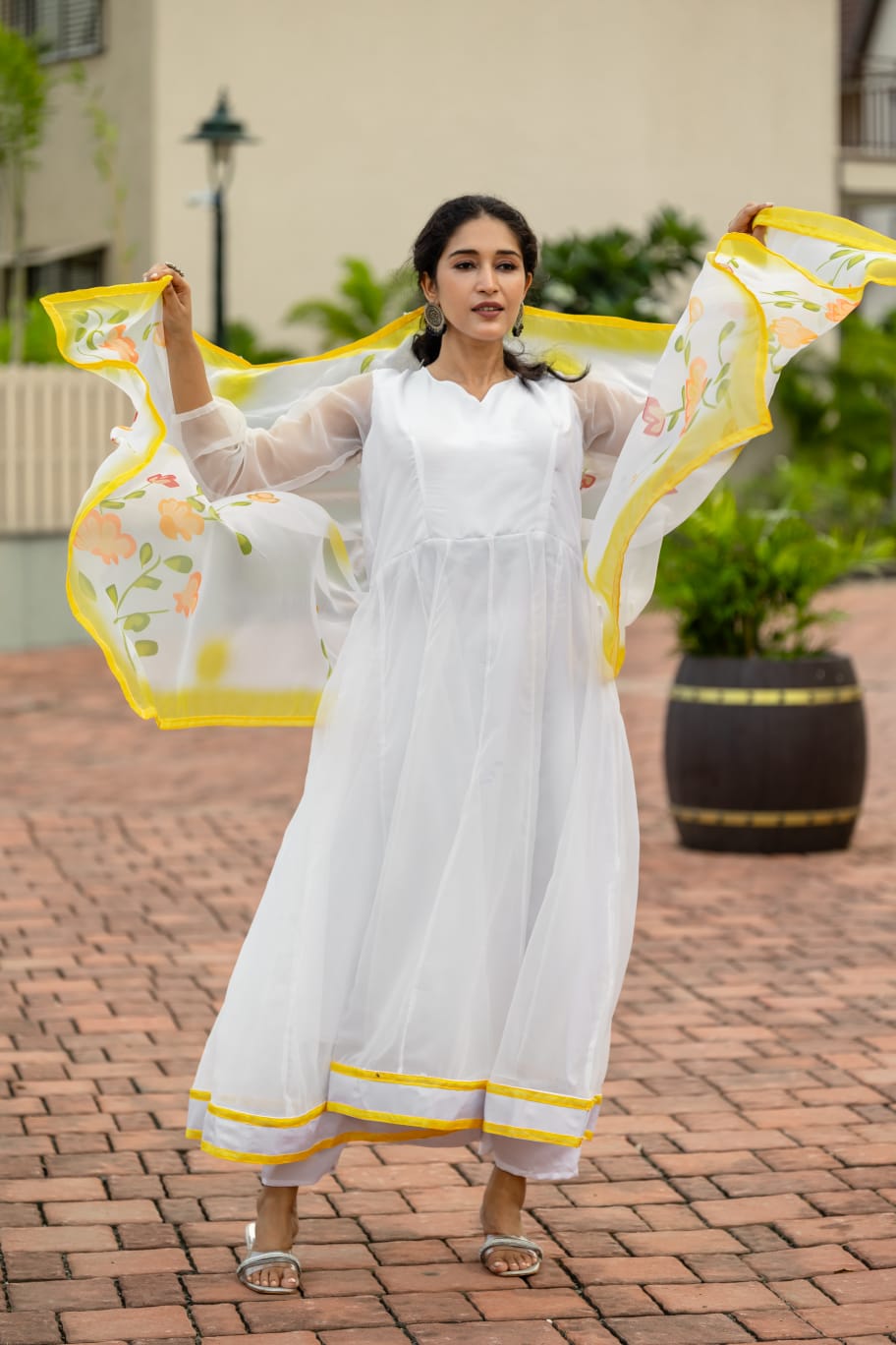 White Plain Partywear Organza Anarkali Set With Dupatta