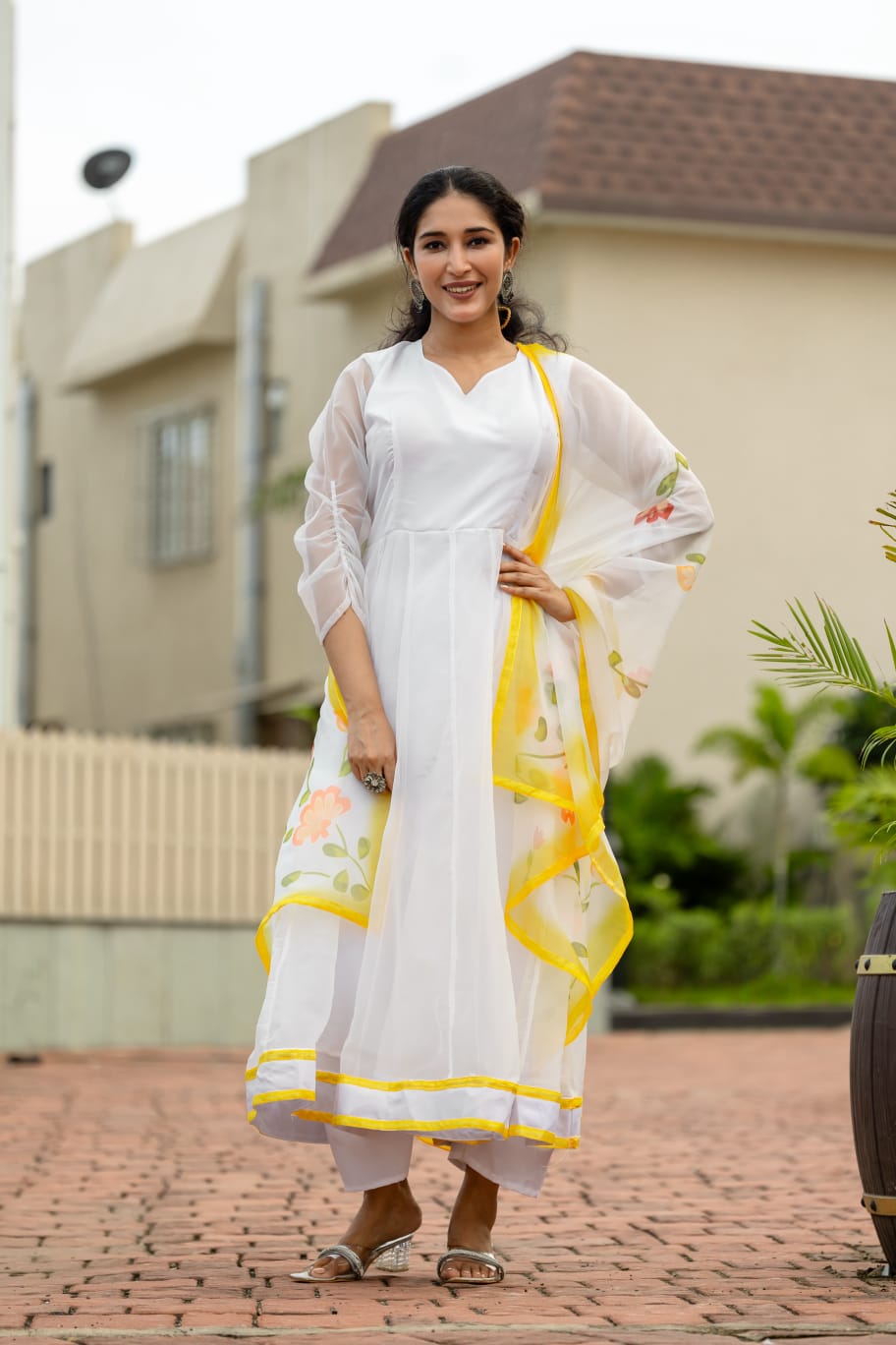 White Plain Partywear Organza Anarkali Set With Dupatta