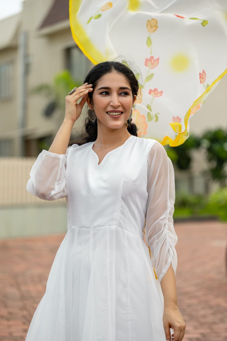 White Plain Partywear Organza Anarkali Set With Dupatta