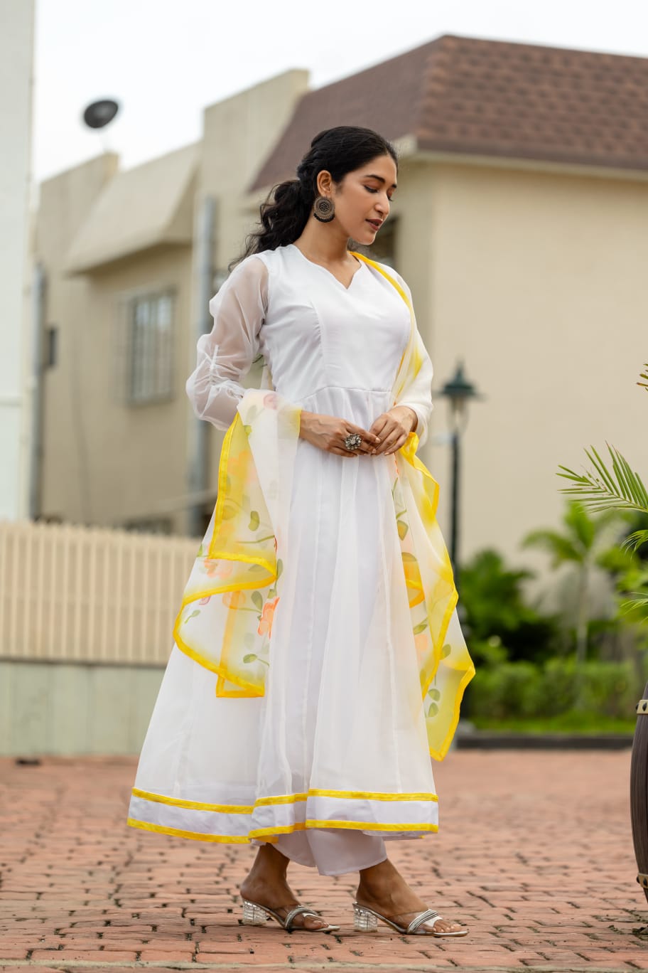 White Plain Partywear Organza Anarkali Set With Dupatta