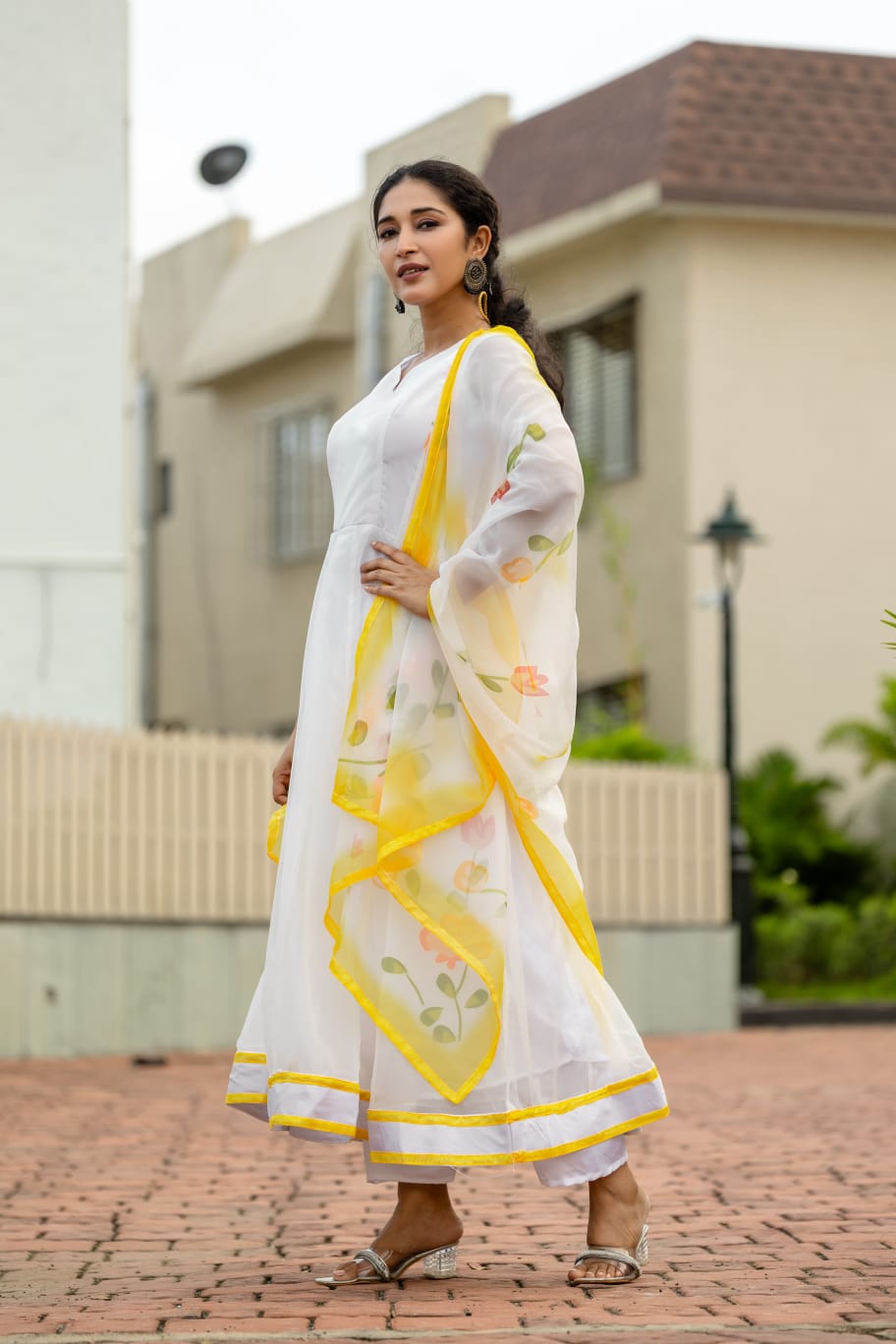 White Plain Partywear Organza Anarkali Set With Dupatta