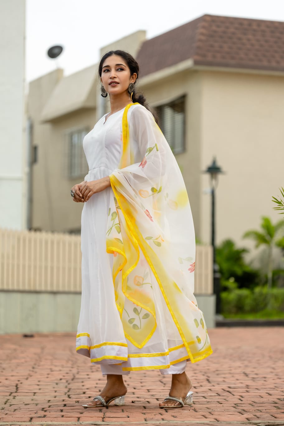 White Plain Partywear Organza Anarkali Set With Dupatta